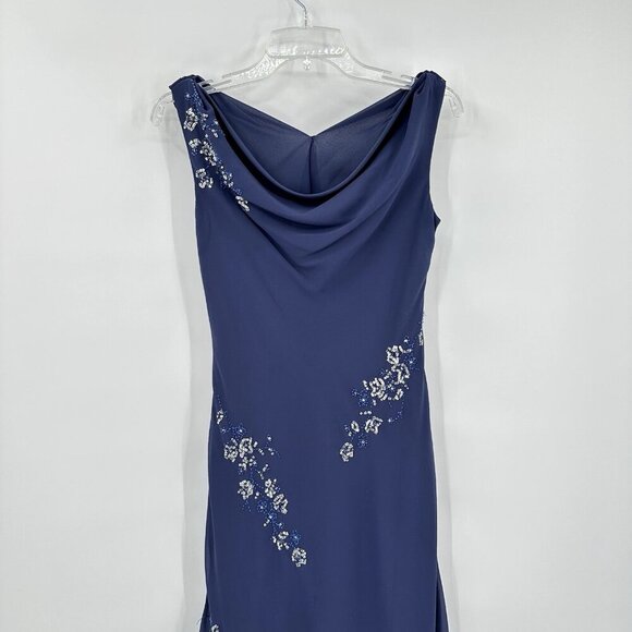 vintage 90s Y2K midi dress ruffle beaded sleeveless cowl neck 40s retro blue 6 - Picture 3 of 10